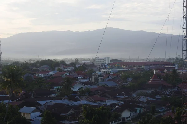 View Rows Houses Buildings City Padang Morning Little Fog West — Foto Stock