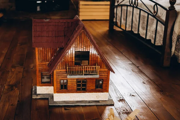 Toy Wooden House Sun Model Wooden House Fairytale House Background — Stok fotoğraf