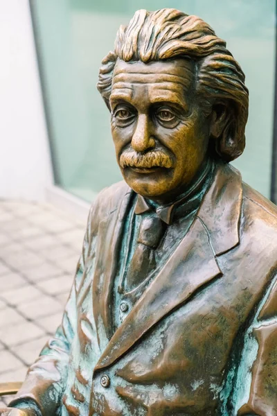 Statue of the scientist Albert Einstein in a public park.