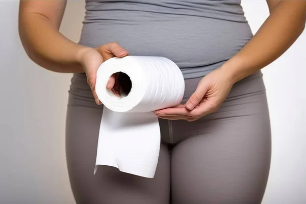 Woman Holds Roll Toilet Paper Her Belly — Stock Photo, Image