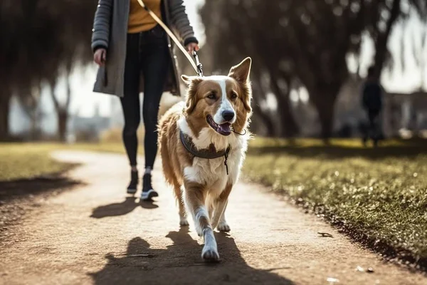 Kobieta Wyprowadza Psa Przez Park Miejski Smyczy — Zdjęcie stockowe