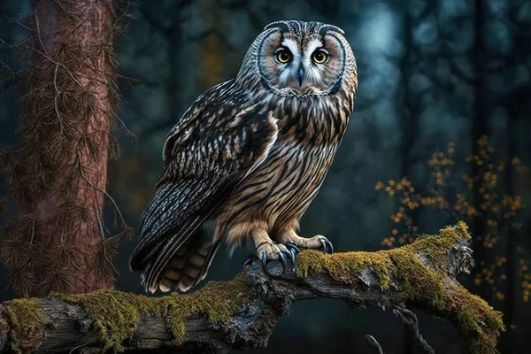 A majestic owl on a branch in a forest.