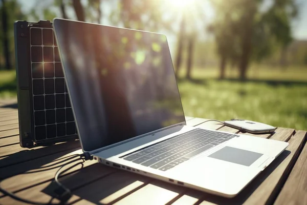 Laptop Naładowany Panelami Słonecznymi Zewnątrz — Zdjęcie stockowe