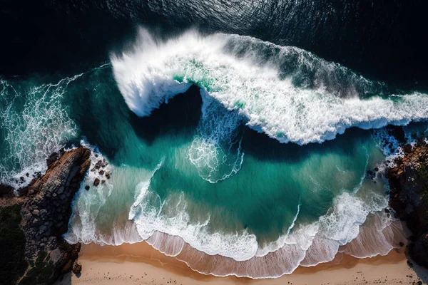 Aerial View Beach Waves Hitting Sand Stock Image