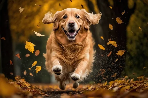 Beautiful Golden Retriever Dog Running Fallen Leaves Stock Photo