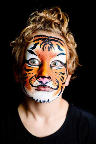 Mysterious Look Child Feline Character Painted Face Dangerous Serious Tiger Fotos De Bancos De Imagens Sem Royalties