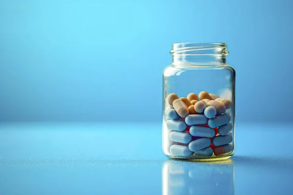 Bottiglia Trasparente Piena Pillole Con Spazio Copia Sfondo Piatto Blu — Foto Stock