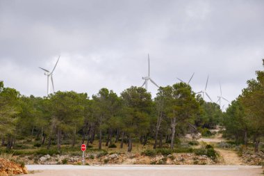 Miravet, İspanya - 14 Mart 2024 İkincil bir yolun önünde, ağaçların arkasında birkaç rüzgar türbini dönüyor.
