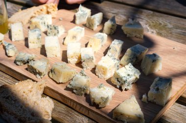 Tahta kesme tahtası Cabrales peynirinin çeşitli dokuları ve renkleriyle kaplıdır. Peynir dilimlendi ve düzgünce düzenlendi, tatmaya hazır..