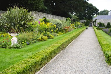 Güzel bir manikürlü bahçe yolu canlı çiçekler ve yemyeşil ile çevrili huzurlu bir atmosfer yaratır, sakin yürüyüşler ve yansıma anları için mükemmeldir..