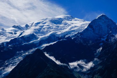 Mont Blanc 'ın görkemli buzulları ve yüksek zirveleri sergilenen çarpıcı manzarası. Parlak mavi gökyüzü bu ikonik dağ manzarasına güzellik katar. Macera arayanlar için mükemmel ayar.