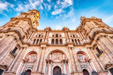Malaga Cathedral from Plaza Del Obispo at Sunrise with Blue Sky, Malaga, Andalusia, Spain 