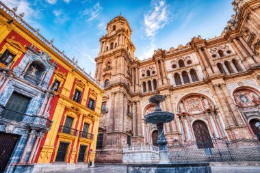 Malaga Cathedral from Plaza Del Obispo at Sunrise with Blue Sky, Malaga, Andalusia, Spain 