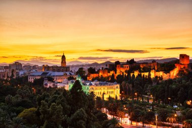 Malaga Old Town Aerial View with Malaga Cathedrat at Sunset, Spain
