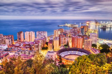 Panoramic Aerial View of Bull Ring in Malaga at Dusk, Spain 