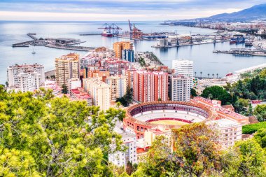 Panoramic Aerial View of Bull Ring in Malaga at Sunset, Spain