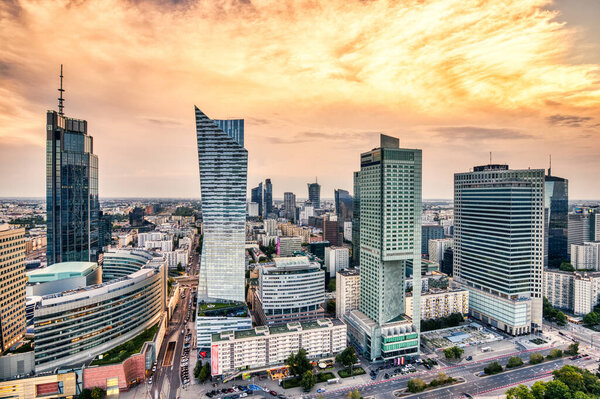 Warsaw City Aerial View with Modern Skyscrapers at Sunset, Poland
