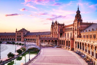 Seville 'deki Plaza de Espana Sunset, Endülüs, İspanya  
