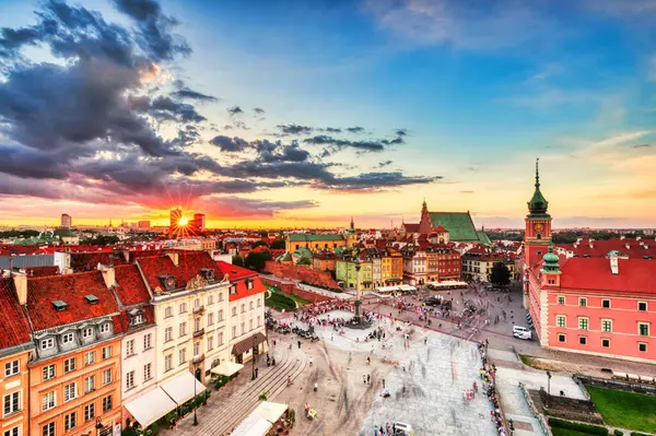 Warsaw Old Town Aerial View Colorful Sunset Poland Stock Obrázky