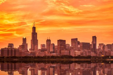 Chicago Skyline Michigan Gölü üzerinde Sunset, Illinois  
