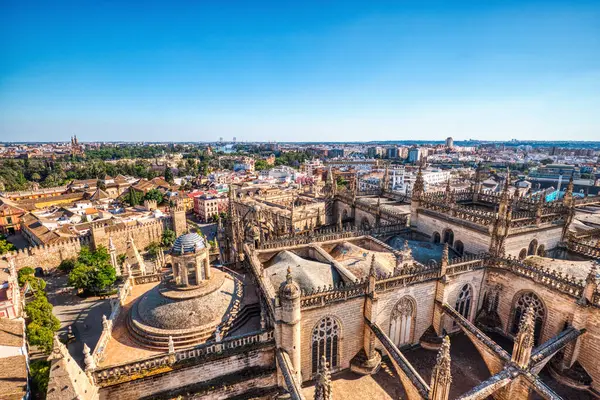 Sevilla Vista Aérea Con Catedral Sevilla Otros Lugares Famosos Durante Imágenes de stock libres de derechos