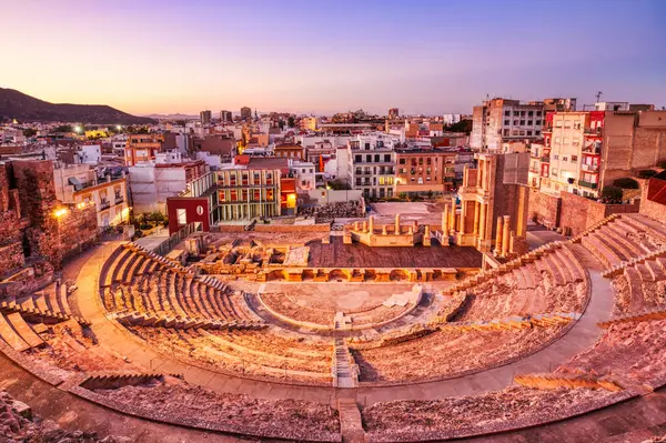 Cartagena 'daki Roma Tiyatrosu Sunset, Murcia, İspanya    