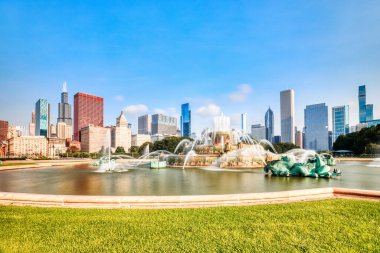 Chicago Skyline over the Buckingham Fountain in Grant Park during a Sunny Day, Illinois clipart