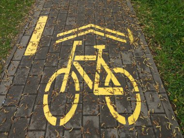 Parkın kaldırımlarında bisiklet yol işaretleri