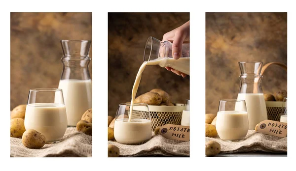 一组故事模板或电话背景与纯植物牛奶 可供选择的土豆牛奶和马铃薯块茎在麻布上 素食主义者和素食主义者健康饮酒者的概念与复制空间 — 图库照片