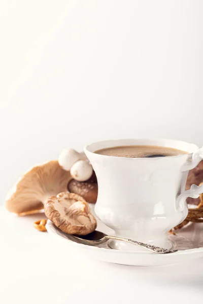 Mushroom Chaga Coffee Superfood, fresh mushrooms and coffee in white porcelain vintage cup over white background. New Superfood Trend. Copy space