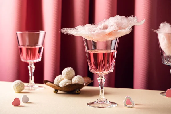 Glass Tasty Cotton Candy Rose Champagne Pink Background Romantic Composition — Foto Stock