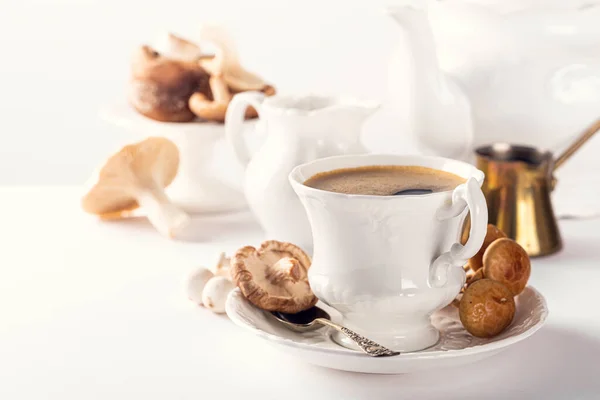 Trendy Mushroom Coffee White Porcelain Vintage Cup White Background New — Stock Photo, Image