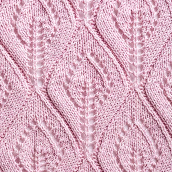 Handgjord Rosa Stickning Ull Textur Bakgrund Med Stickade Blad Former — Stockfoto