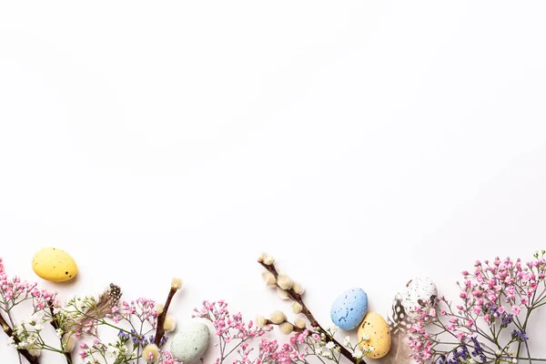 Húsvéti Kompozíció Tavaszi Virágokkal Színes Fürjtojásokkal Fehér Háttér Felett Tavaszi — Stock Fotó