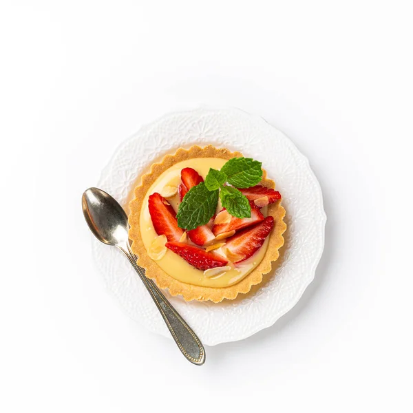 Strawberry Mini Cake Tartlet Vanilla Custard Mint Leaves White Background — Stock Photo, Image