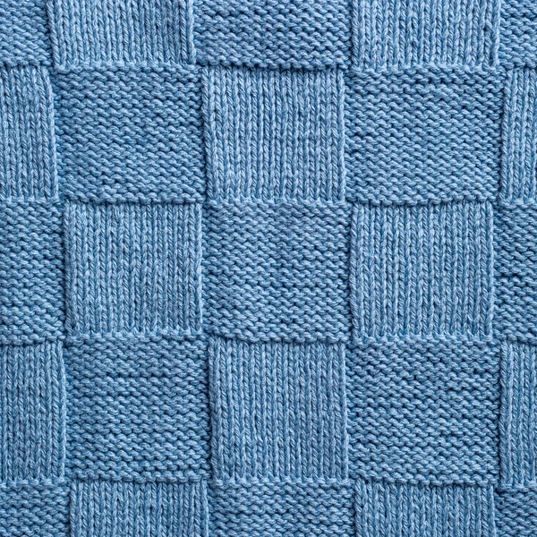 Ongebruikelijke Abstracte Blauwe Gebreide Schaakpatroon Achtergrond Textuur Bovenaanzicht Van Breikleding — Stockfoto