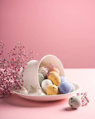 Easter composition with spring flowers and colorful quail eggs in porcelain white coffee cup over pink background. Springtime and Easter holiday concept with copy space