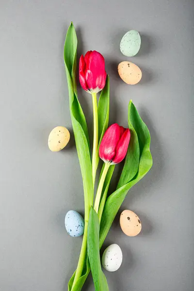 Tulipanes Rosados Huevos Codorniz Sobre Fondo Gris Pascua Cumpleaños Concepto Fotos De Stock Sin Royalties Gratis