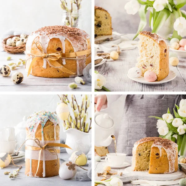 Collage Fotos Alimentos Pascua Pan Dulce Ortodoxo Kulich Coloridos Huevos Fotos de stock libres de derechos