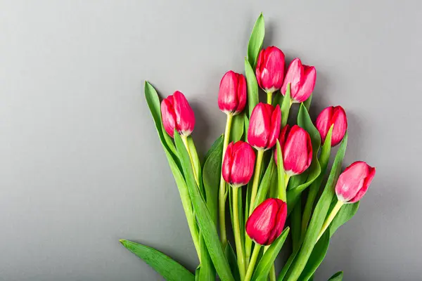 Fondo Gris Primavera Con Tulipanes Rosados Pascua Cumpleaños Concepto Tarjeta Imagen De Stock