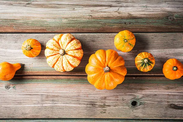 Eski ahşap masanın üzerinde çeşitli balkabaklarıyla sonbahar balkabağı Şükran Günü sahnesinin genel manzarası. Boşluğu kopyala