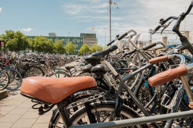 Eindhoven, Hollanda - 24 Haziran 2022: Bisikletler, yeşillik arasındaki çeşitli tasarımları ve canlı renkleri vurgulayarak hareketli bir şehir alanına park edilmiştir