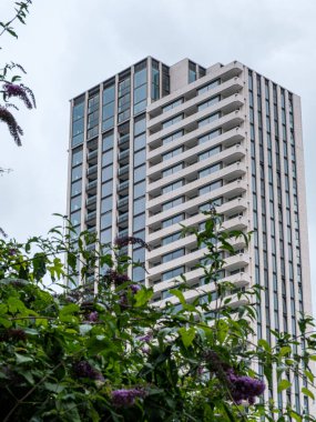 Yüksek katlı yapıda, canlı yeşilliklerle çerçevelenmiş cam cephe ve balkonlar yer alıyor ve modern mimarideki kentsel yaşam ve doğal elementlerin karışımını gösteriyor. Eindhoven 'daki Strijp S bölgesi.