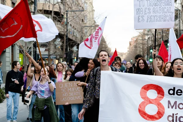 Kobieta Krzycząca Protesty Podczas Demonstracji Międzynarodowego Dnia Kobiet Ulicach Granady — Zdjęcie stockowe