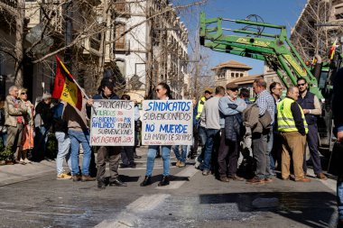 Granada, Endülüs, İspanya. 20 Şubat 2024: Granada sokaklarında tarım ürünleri krizinin adil olmayan fiyatlarına karşı pankartlar ve traktörlerle protesto gösterisi
