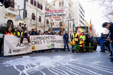 Granada, Endülüs, İspanya. 20 Şubat 2024: Granada sokaklarında tarım ürünleri krizinin adil olmayan fiyatlarına karşı pankartlar ve traktörlerle protesto gösterisi