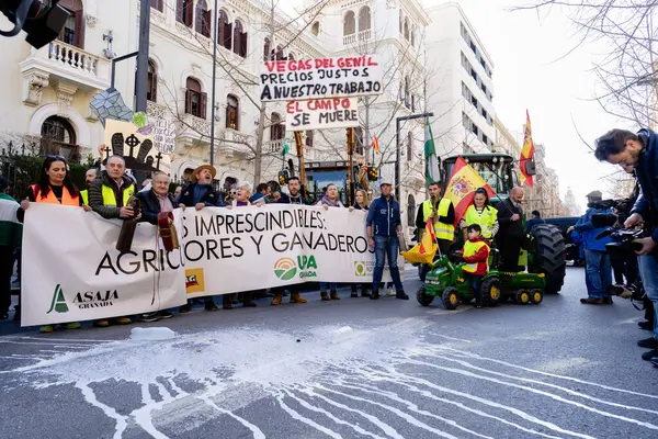 Granada, Endülüs, İspanya. 20 Şubat 2024: Granada sokaklarında tarım ürünleri krizinin adil olmayan fiyatlarına karşı pankartlar ve traktörlerle protesto gösterisi