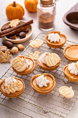 Mini pumpkin pies with wipped cream and spices baked in a muffin tin