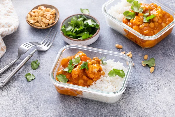 Vegan meal prep idea cauliflower and chickpeas curry with rice