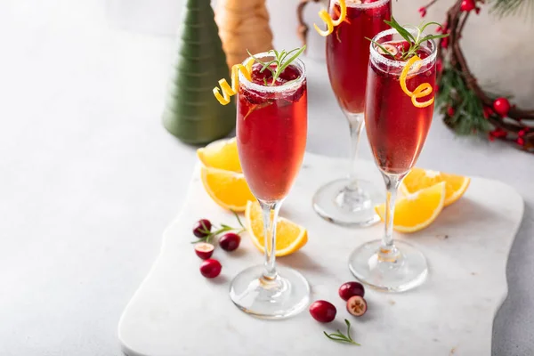 Christmas Mimosa Cranberry Juice Orange Garnished Rosemary Festive Cocktail Idea — Stock Photo, Image